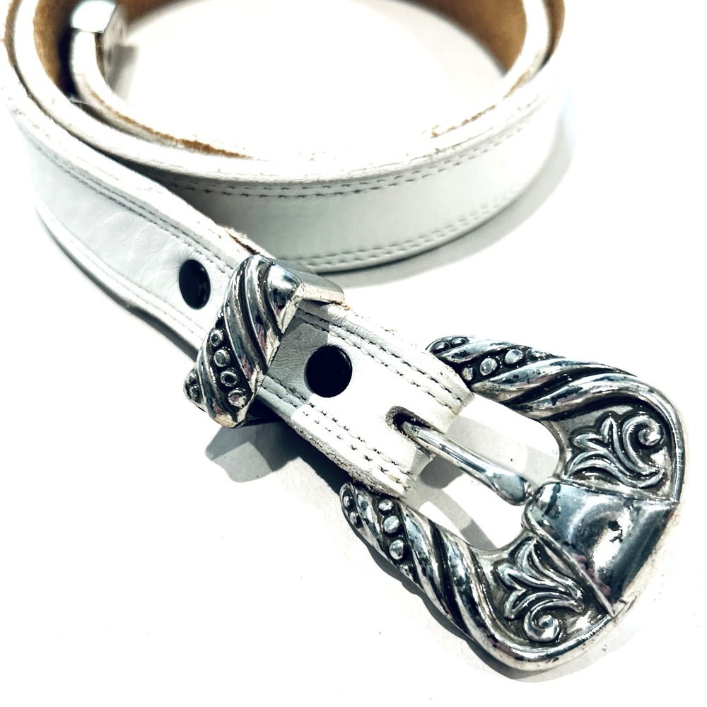 Vintage Western Nocona White Leather Belt with Silver Buckle Rodeo Cowgirl